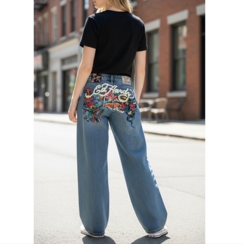 Ed Hardy Baggy Jeans Women's Y2K Back Print Koi Dragon Tiger Size 32